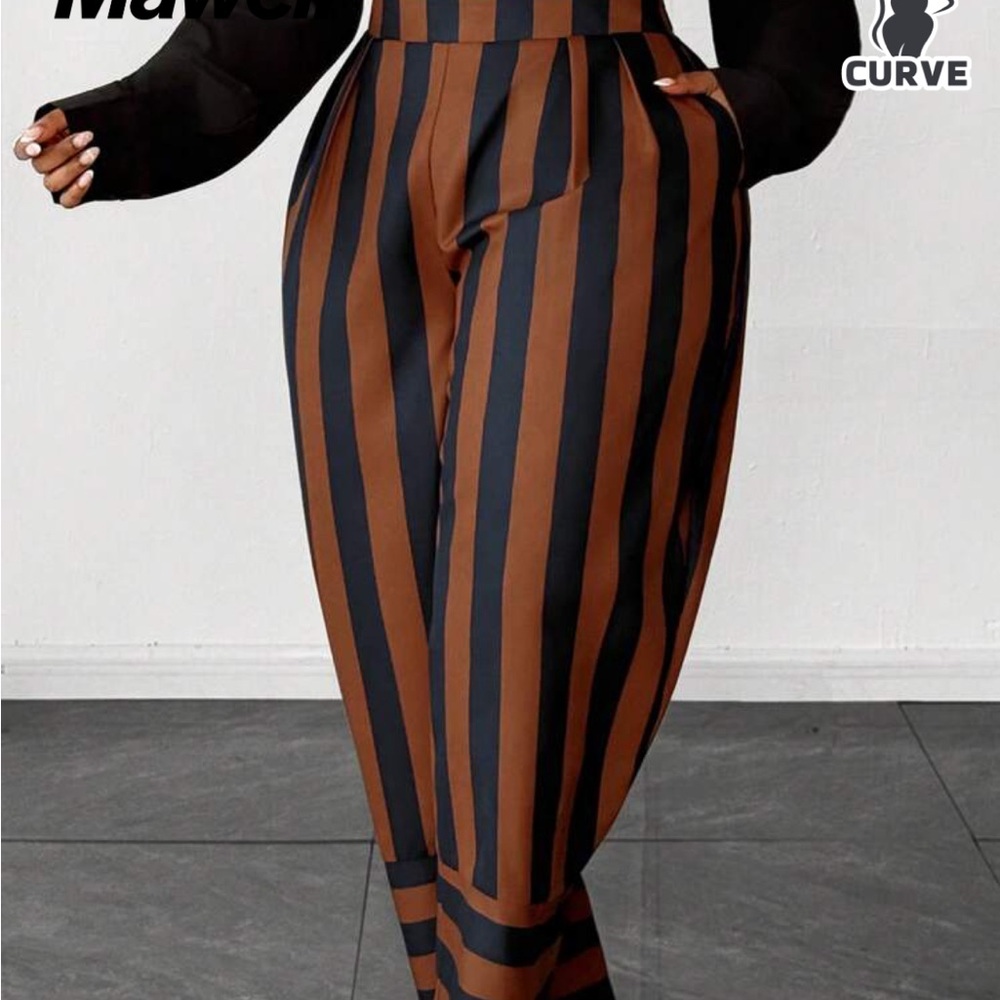 Elegant Striped Black and Brown Wide Leg Pants inseam 29
